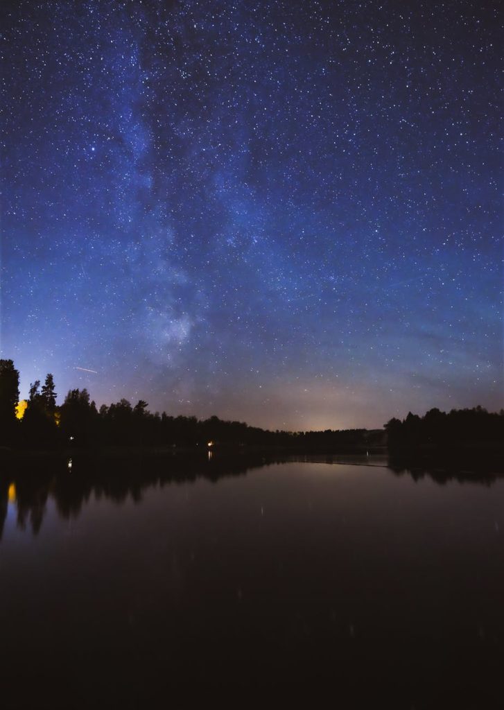 landscape photography of tree s reflection on body of water under a starry night sky